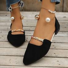 Women's New Pearl Ring Metal Flat Hollow Pointed Toe Low-Top Casual Beach Shoes - Black - View 14