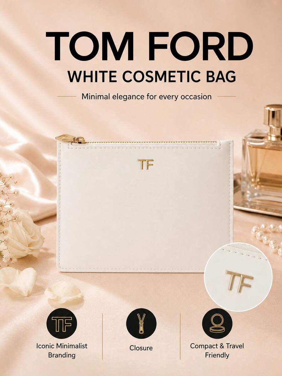 Tom Ford TF白色化妝包21×14cm，單件售賣，簡約金邊拉鍊款，日常出行收納美妝用品