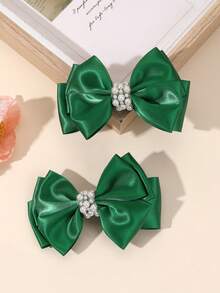 2 piezas de pinzas para el cabello con lazo de cinta de unicolor y decoración de perlas falsas verdes, accesorio de moda para el cabello para fiesta del Día Nacional - Verde - Ver 6