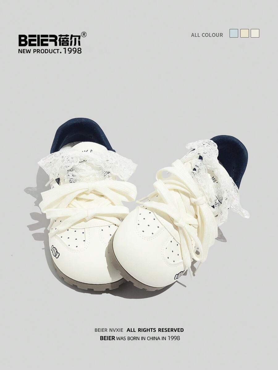 BEIER Women's Contrast Color Cartoon Casual Shoes, Patchwork Sports Lace-Up Round Toe Low-Top Leather Flat Sneakers