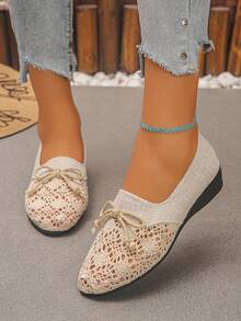 Mocasines de mujer con diseño calado, empalme y lazo, elegantes y cómodos, adecuados para el uso diario/compras/viajes al aire libre. - Beis - Ver 6