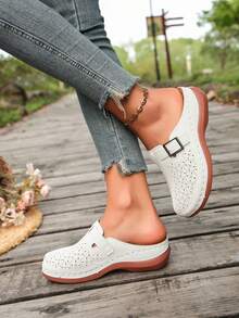 New Women's Thick Sole Platform Wedge Sandals With Buckle Hollow Design Solid Color Beach - White - View 7