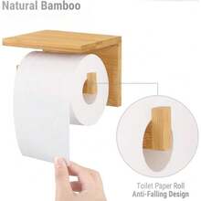 Bamboo Toilet Roll Holder With Wall-Mounted Large Shelf, Multi-Use Paper Rack For Bathroom . - Natural Wood Color - View 3