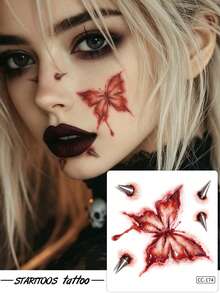 6PCS Halloween Butterfly Rivet Heart Stitch Blood Handprint Pentagram Pattern Halloween Makeup Costume Party Gift Face Arm Shoulder Neck Waterproof Tattoo Stickers - Red - View 5