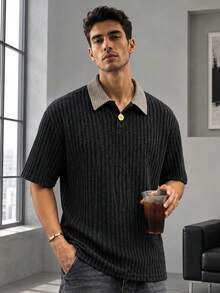 1 peça Camisa Polo Masculina com Patchwork em Padrão Pied-de-Poule, em Malha Fina, Corte Largo, Confortável, Respirável, Anti-Bolinhas, Estilo Vintage Maduro, Adequada para Deslocações Diárias, Encontros de Negócios e Outras Ocasiões - Preto - Ver 10