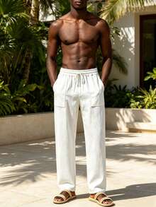 Men's Summer Casual Solid Color Linen Pants, Elastic Drawstring Waist, Large Pockets, Loose Wide Leg, Suitable For Daily Wear, Vacation, Slouchy, Versatile - White - View 5