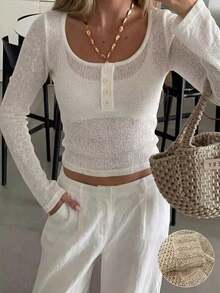 Women's Solid Color Round Neck Long Sleeve Casual Pullover Sweater, Autumn - White - View 6