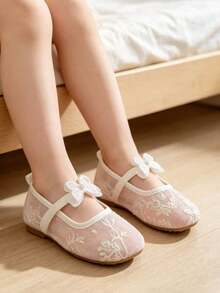 Girls' Flat Shoes, Summer New Casual Fashion Versatile Soft Bottom Square Toe Lightweight Comfortable Butterfly Pearl Breathable Mesh Flat Shoes For Girls, Summer Mesh Breathable Shoes - White - View 3