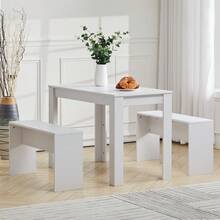 Compact Kitchen Dining Table Set – Wooden 3-Piece Dinette With 2 Matching Benches, Seats Up To 4, Space-Saving Design For Small Apartments, Dorms Or Studio Living Spaces - White - View 12