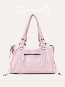 STEPHIECATHY 復古休閒酷街頭風磨砂水洗PU皮革拉鍊口袋編織裝飾大號斜挎單肩包，可放13吋筆電，女款日常通勤校園旅行風格 - 淺粉色 - 查看 10