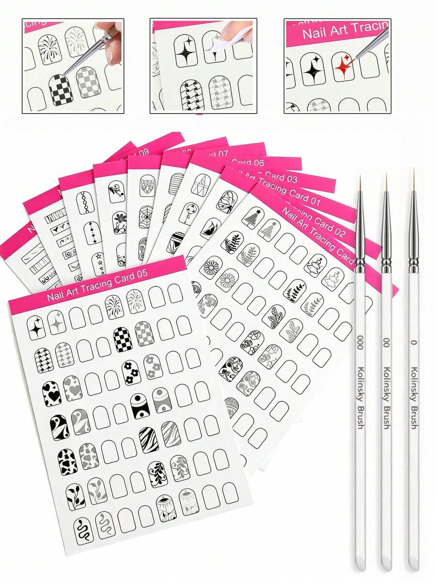 13/10/3pcs Reusable Nail Art Practice Paper Set, Includes Nail Art Tracing Cards, Nail Art Display Cards, Nail Art Training Cards, Perfect For Beginners, Can Improve Nail Technician's Professional Level, Comes With Nail Art Painting Pen And Nail Art Practice Tool Set - Multicolor - View 1