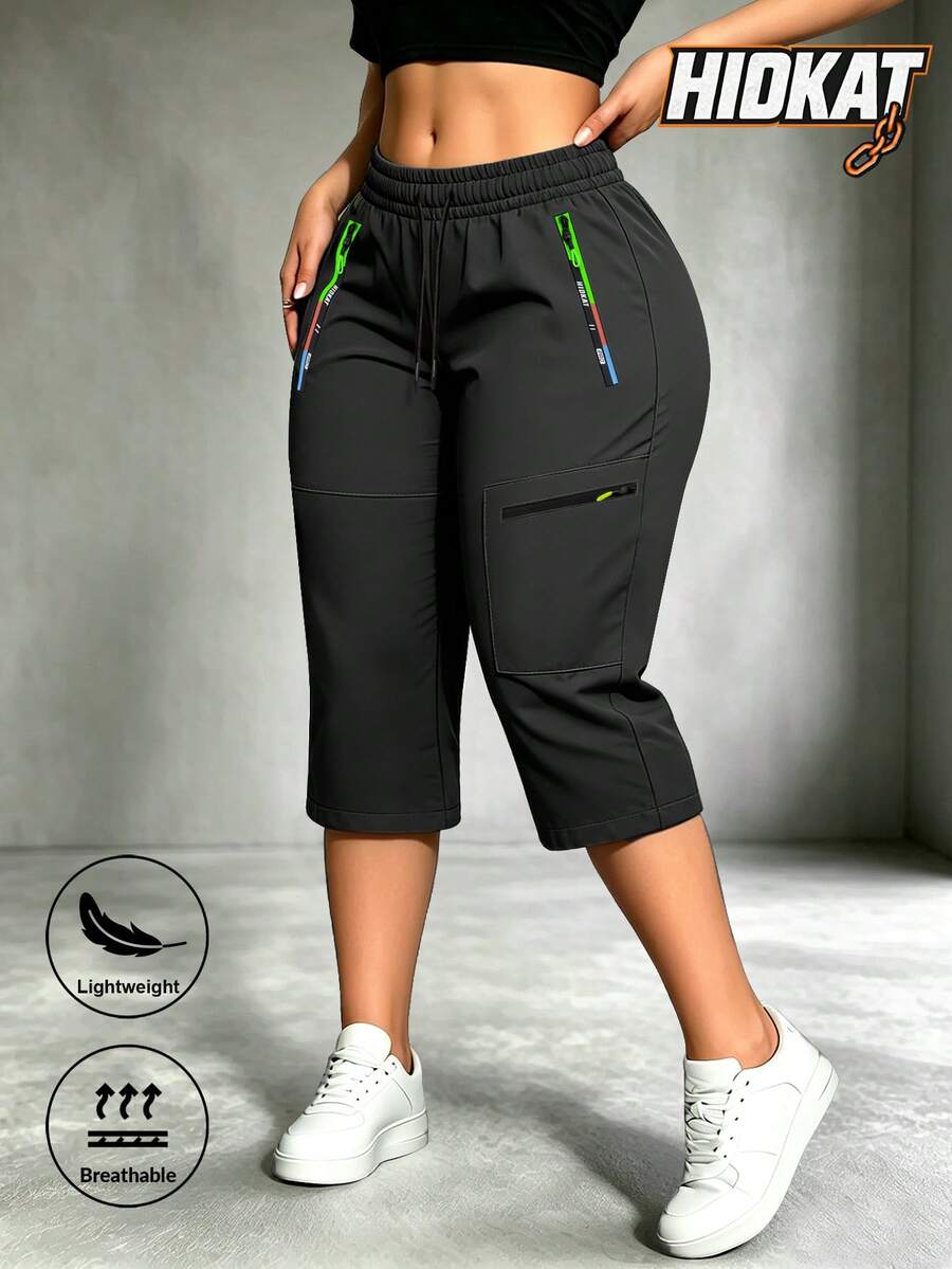 Hidkat Women's Summer Casual Sports Capri Pants With Zipper Pockets, Elastic Drawstring, Outdoor Leisure
