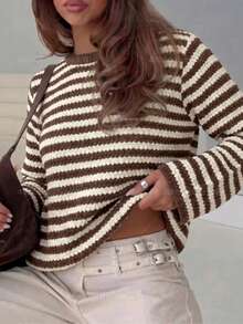 SDNGED Women's Casual Top Striped Colorblock Ribbed Daily Wear Spring Autumn - Coffee - View 2