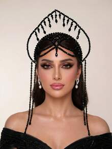 1pc Luxury Black Crystal Bridal Crown Headband With Crystal Tassel Forehead Decor, Suitable For Wedding Party - Black - View 11