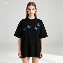 Minimalist Blue Butterfly Pattern Round-Neck Loose-Fitting Women's Short-Sleeve Shirt T Shirt - 黑色 - 查看 1