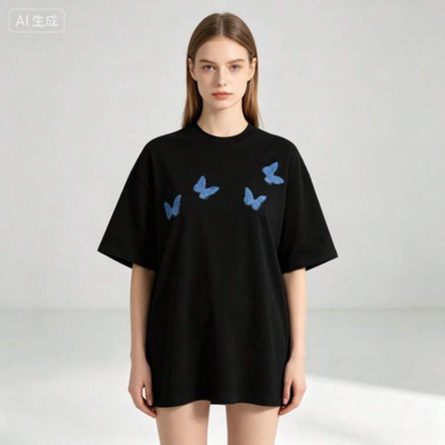 Minimalist Blue Butterfly Pattern Round-Neck Loose-Fitting Women's Short-Sleeve Shirt T Shirt - 黑色 - 查看 1