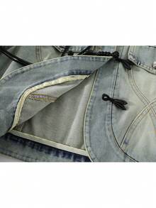 Designer Vintage Patchwork Chinese Knot Denim Jacket With Faux Pockets, College Office Casual Spring Autumn - Baby Blue - View 6