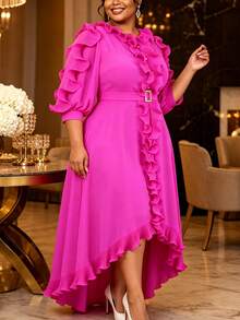 Plus Size Women Elegant Chiffon Maxi Dress With Tiered Ruffles Button And Belted Irregular Hem A Line Dresses Wedding Guest Party Gown - Hot Pink - View 8