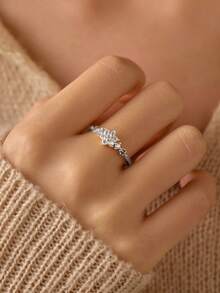 BALMORA 1 pieza Anillo mini de plata de ley S925 vintage de lujo elegante de moda con circonita de copo de nieve chapado en oro, regalo de joyería para mujer para uso diario y fiestas - Plateado - Ver 2