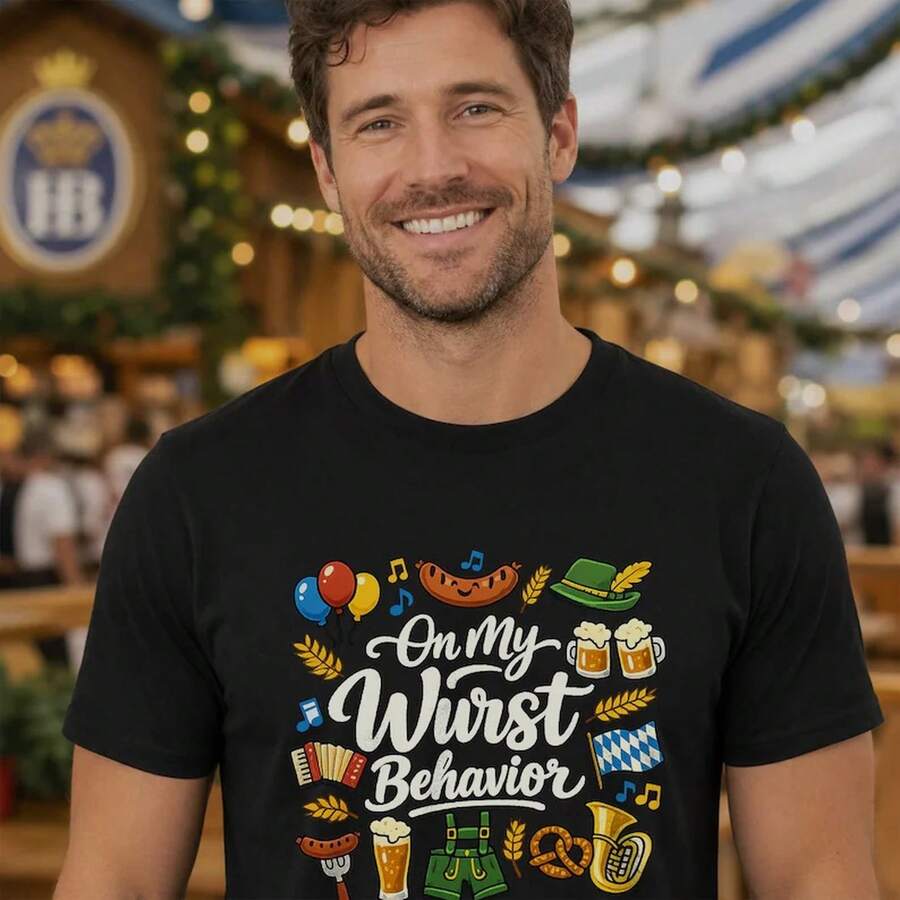 Über mein Verhalten Wurst-Shirt, Lustiges Oktoberfest-Shirt, Wurst-Shirt, Bierfest-T-Shirt, T-Shirt zum Trinken am Tag, Oktoberfest-Geschenk - Schwarz - Übersicht 1