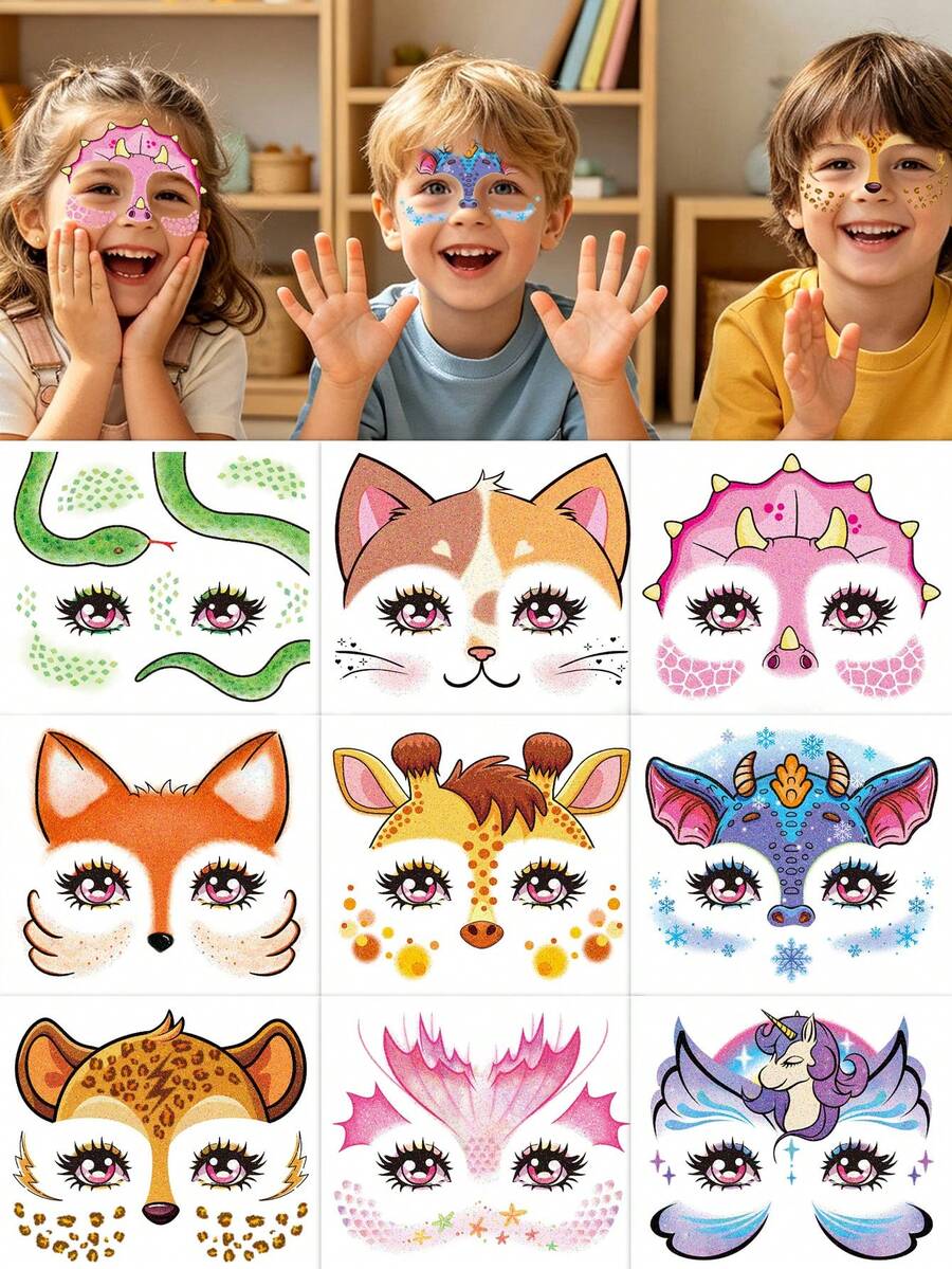STARTTOOS 9pcs Glitter Temporary Face Tattoo Stickers For Kids And Adults - Water Transfer Leopard, Mermaid, Deer, Unicorn, Fox, For Halloween Body Painting Makeup Decoration - Multicolor - View 1