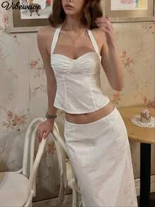 VIBEWAVE Set Busana Romantis Menawan Atasan Camisole Motif Polkadot Prancis Musim Panas dan Rok A-Line - Putih - View 1
