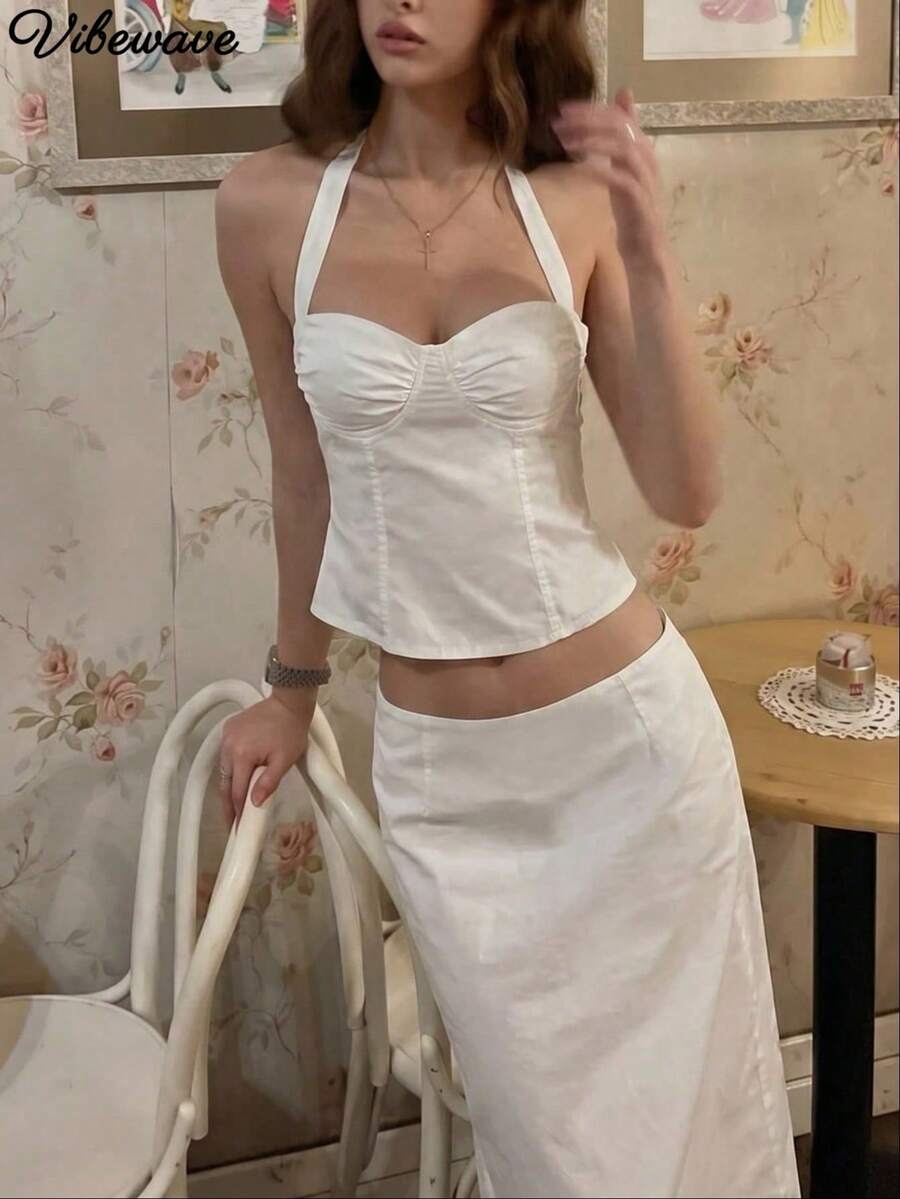 VIBEWAVE Set Busana Romantis Menawan Atasan Camisole Motif Polkadot Prancis Musim Panas dan Rok A-Line - Putih - View 1