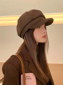1 buah Topi Beret Lidah Bebek Warna Polos untuk Wanita, Gaya Korea Musim Semi/Panas, Topi Pelukis Segi Delapan Serbaguna untuk Melangsingkan Wajah, Gaya Jepang untuk Lingkar Kepala Besar - Coffee Brown - View 1