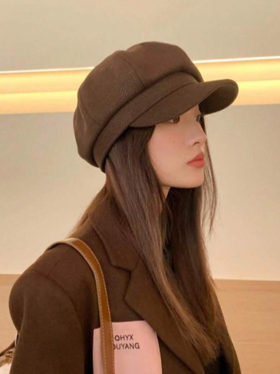 1 buah Topi Beret Lidah Bebek Warna Polos untuk Wanita, Gaya Korea Musim Semi/Panas, Topi Pelukis Segi Delapan Serbaguna untuk Melangsingkan Wajah, Gaya Jepang untuk Lingkar Kepala Besar - Coffee Brown - View 1