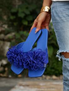 Women's Summer Klein Blue 3D Mesh Floral Square Toe Slide Sandals, Soft Sole Non-Slip Beach Slippers For Vacation And Outdoor Wear - Blue - View 5