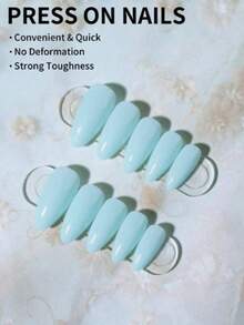 24pcs Long Almond Shaped Shiny Pink Pointed Press-On Nail Tips, Medium Size, Perfect Fit, Acrylic False Nails Set, Includes 1pc Jelly Glue And 1pc Nail File, Suitable For Women And Girls Daily Wear, Also For Rave Parties And Other Occasions - Mint Blue - View 4