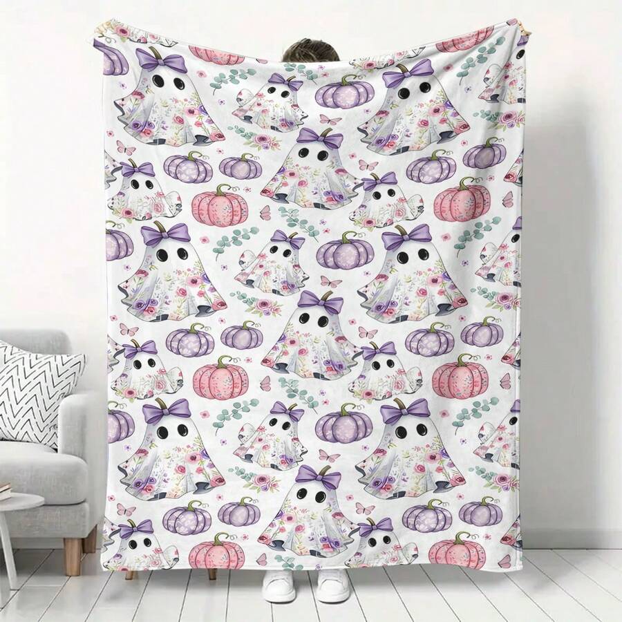 1 pieza Manta con estampado de lazo floral, fantasma y calabaza, simple y cómoda, antibacteriana y engrosada, decoración del hogar, adecuada para sofá, cama, sala de estar, viaje, oficina, manta chal, manta para siesta, manta para aire acondicionado, manta para cama, manta para camping, manta para decoración de pared de fondo, regalo ideal, regalo diario, regalo de cumpleaños