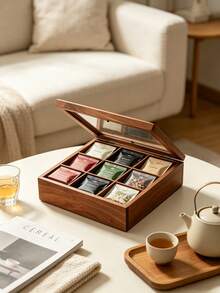 1pc Wooden 9 Grid Tea Bag Storage Box Divided Tea Packet Organizer Multi Compartment Tea Caddy For Kitchen Countertop Coffee Station Home Decor Housewarming Gift - Brown - View 8