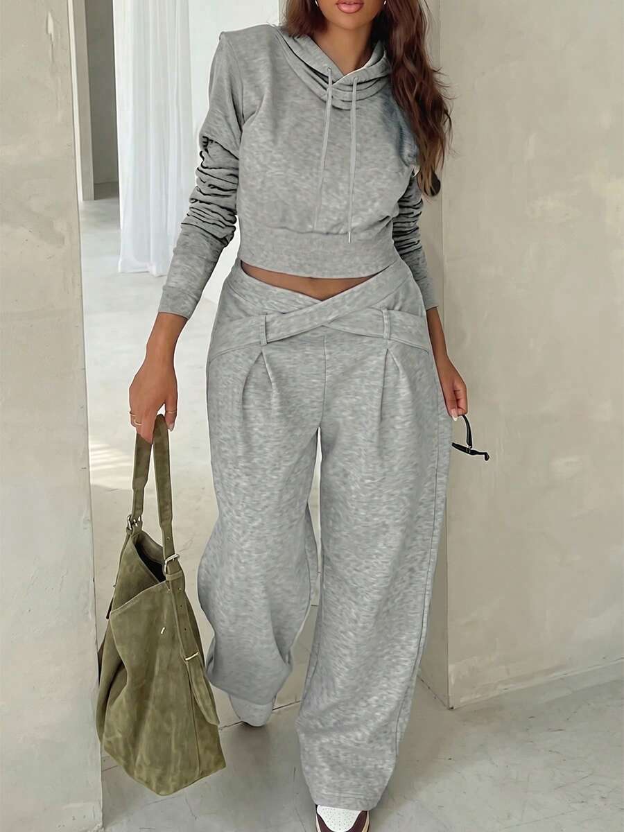 Neues Ins Hot-Selling Sportliches Damen-Outfit in Große Größen, kurzes Kapuzen-Sweatshirt mit Kordelzug und langen Ärmeln, Streetstyle, Geburtstag Winter elegant - Blumengrau - Übersicht 1