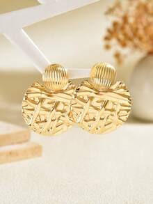 1 Pair Exaggerated Personalized Gold Striped Textured Geometric Round Earrings, Vintage Style Women's Daily Commute Jewelry - Gold - View 3