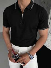 男士純色半拉鍊休閒百搭通勤旅行短袖 Polo 衫 - 黑色 - 查看 4