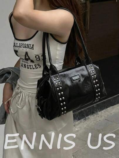 1pc Multifunctional Black Rivet Handbag, Vintage Motorcycle Style Rivet Decor PU Leather Shoulder Bag, Punk Rock Underarm Bag, Suitable For Work, Commute, Date, Party And Music Festival