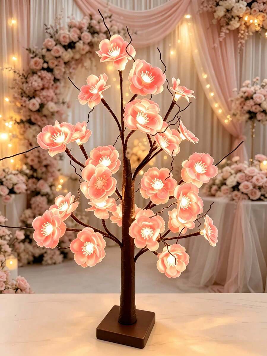1PC 24 LED 60CM Pink Plum Blossom Tree Light, USB & Battery Dual Use, Artificial Glowing Tree Lamp, Wedding Aisle Decor Light, Hotel Banquet Decoration Light, Romantic Atmosphere Tree Light, Desktop Ornament Light, Birthday Party Decoration Light - Yellow - View 1