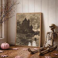 1pc Canvas Wall Art, Framed Wall Decor, Vintage Etched Print Castle Riverside Ghost Canvas Decorative Painting, Dark Academia Style Eerie Halloween Gothic Retro Engraved Print Poster, Suitable For Modern Home Decor, Room Decor, Dorm Decor, Bedroom Decor, Bathroom Decor, Kitchen Decor, Dining Room Decor, Living Room Decor, Office Decor, School Decor, Classroom Decor - Ghost - View 8