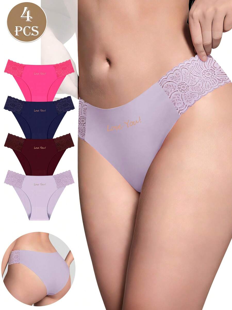 MIOTAN 4件組女款低腰蕾絲內褲，純色性感三角內褲