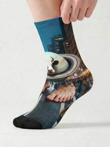 1 Pair BIIHUDU Men's Italian Brainrot Meme Socks - Colorful La Vaca Saturno Saturnita Saturn Cow Print Socks, Mid-Calf, Cartoon, Cute, Soft, Breathable, Fashion, Casual, Streetwear, All-Over Print Design, Back To School, Funny Socks - Multicolor - View 4