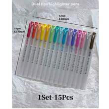 15pcs Double Ended Highlighters 17*14cm Dual Tip Mild Color Highlighter Fluorescent Marker Pen For Coloring Underlining Highlighting Broad And Fine Tips Back To School - Multi-color - View 4