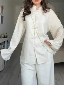 Women's Casual New Chinese Style Retro Button Front Long Sleeve Loose Top And Wide Leg Pants Two Pieces Set, Autumn/Winter Elegant, Quiet Luxury - Off White - View 6