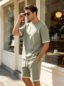Koord T-Shirt Pria Kolor Kantong Contrast Binding Plain Casual - Hijau Tentara - View 5