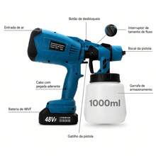 Pistola de Pintura Profissional 48VF 2 Baterias 200W 1000ml - Azul - Visão 4