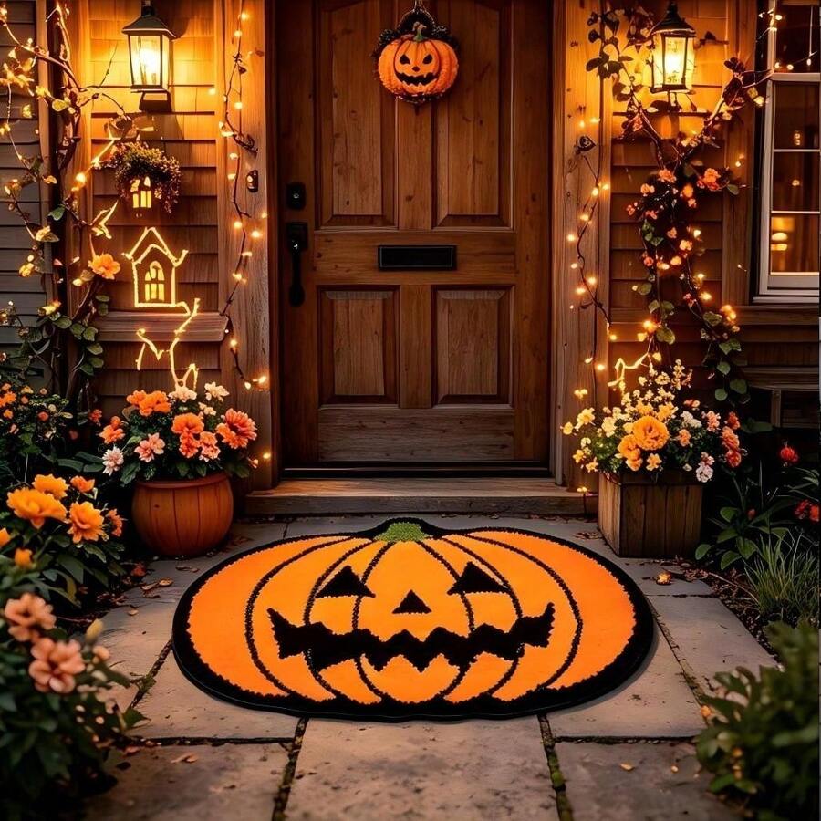 1pc Halloween Pumpkin Welcome Mat, Classic Jack-O'-Lantern Design With Festive Atmosphere, Bring Playful Pumpkin Into Your Home, Step Into Holiday Joy! 3D Shaped Pumpkin Design, Classic Ghost Face Print, Orange And Black Contrast Retro Eye-Catching. Door Mat, Small Rug, Welcome Mat, Floor Mat, Outdoor Door Mat, Kitchen Rug, Home Decor, Front Door Mat, Area Rug, Outdoor Mat, Home Decor, Area Rug, Garden Rug, Washable Rug