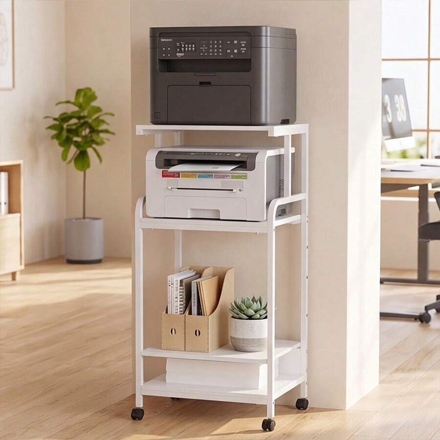 4-Tier Tall Mobile Printer Stand, Rolling Printer Cart With Open Storage Shelves & Lockable Casters, Multipurpose Printer Organizer Desk For Home Office Small Spaces, Compatible With Printer, Scanner, Fax Machine & Office Supplies - White - View 1