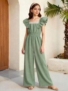 Tween Girls' Casual Lace Patchwork Ruffle Trim Jumpsuit, Spring/Summer - Green - View 2