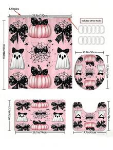 1/3/4 piezas Juego de baño de Halloween con lazo rosa, calabaza y fantasma, incluye cortina de ducha, alfombra de baño en forma de U, alfombra antideslizante, tapa de inodoro y 12 ganchos. Resistente al moho, tela de poliéster, tamaño de la cortina de ducha (72"X72", 35.4"X72", 47.2"X72", 59"X72") y juego a juego, decoración de baño, vacaciones, esencial de viaje. - Serie de Halloween - Ver 16
