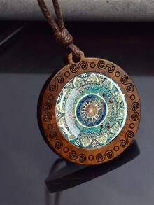 1PC Vintage Mandala Pattern Round Glass Wood Pendant Necklace - Brown - View 3